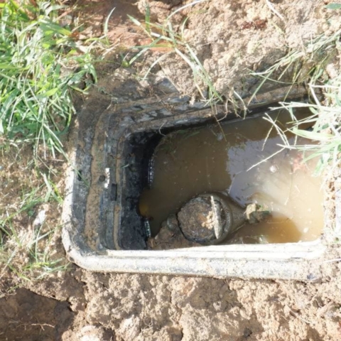 an unearthed valve box in the ground with water half filling it and some type of plumbing inside.