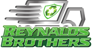 Reynalds Brothers Logo of a line drawing of a service van with a recycling symbol inside of a shield on the side panel speeding to a job with Reynalds Brothers typed out in front and below.