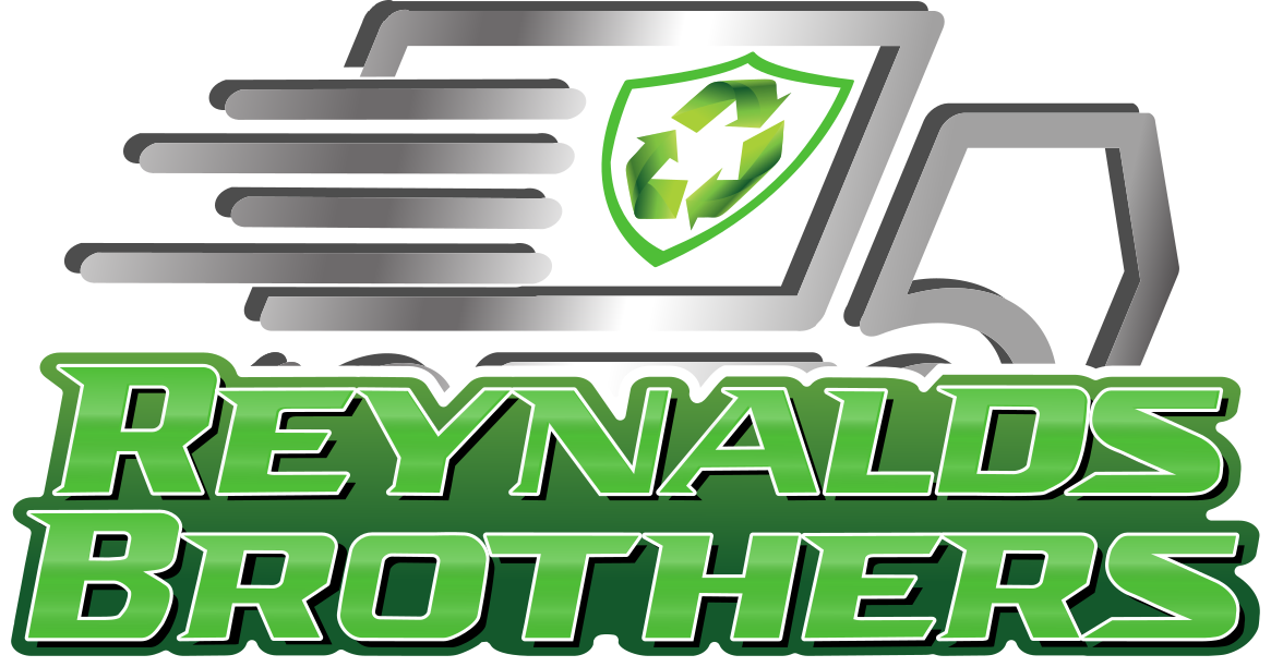 Reynalds Brothers Logo of a line drawing of a service van with a recycling symbol inside of a shield on the side panel speeding to a job with Reynalds Brothers typed out in front and below.