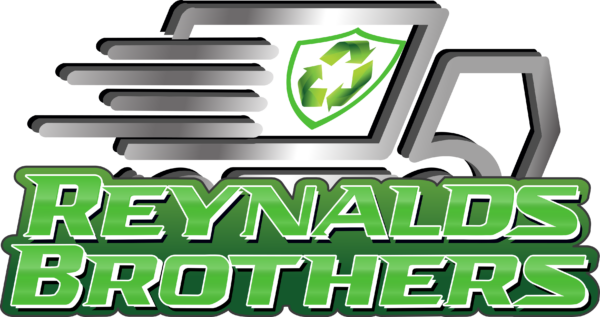 Reynalds Brothers Logo of a line drawing of a service van with a recycling symbol inside of a shield on the side panel speeding to a job with Reynalds Brothers typed out in front and below.