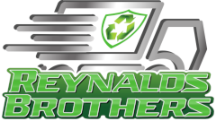 Reynalds Brothers Logo of a line drawing of a service van with a recycling symbol inside of a shield on the side panel speeding to a job with Reynalds Brothers typed out in front and below.