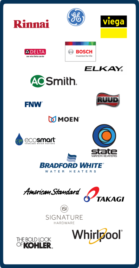 A composite image made up of most plumbing brands including aosmith, Whirlppl, and many others