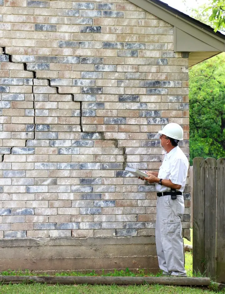 pictures of a house with brick facade and a crack running up from the foundation. There is grass in the foreground and an inspector in white shirt, white pants, and white hardhat with a clipboard in hand inspecting the crack