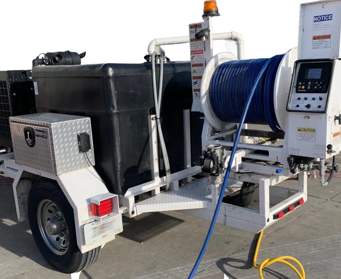 Commerrcial Hydro-Jetting machine on a white painted trailer with a reel of high pressure blue hose, an orange safetly on top. The trailer driver side wheel and taillights are visible.